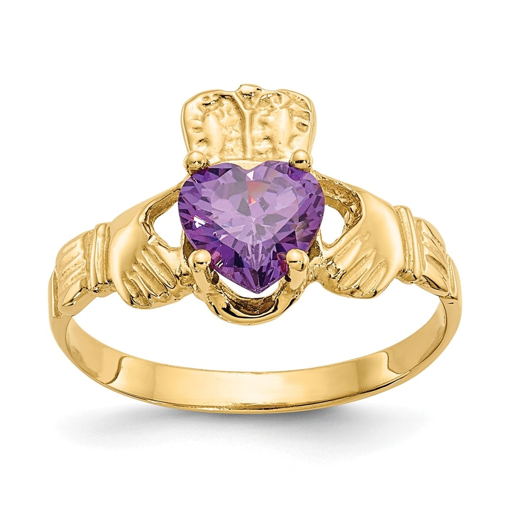 14K Yellow Gold February Cubic Zirconia Birthstone Claddagh Ring