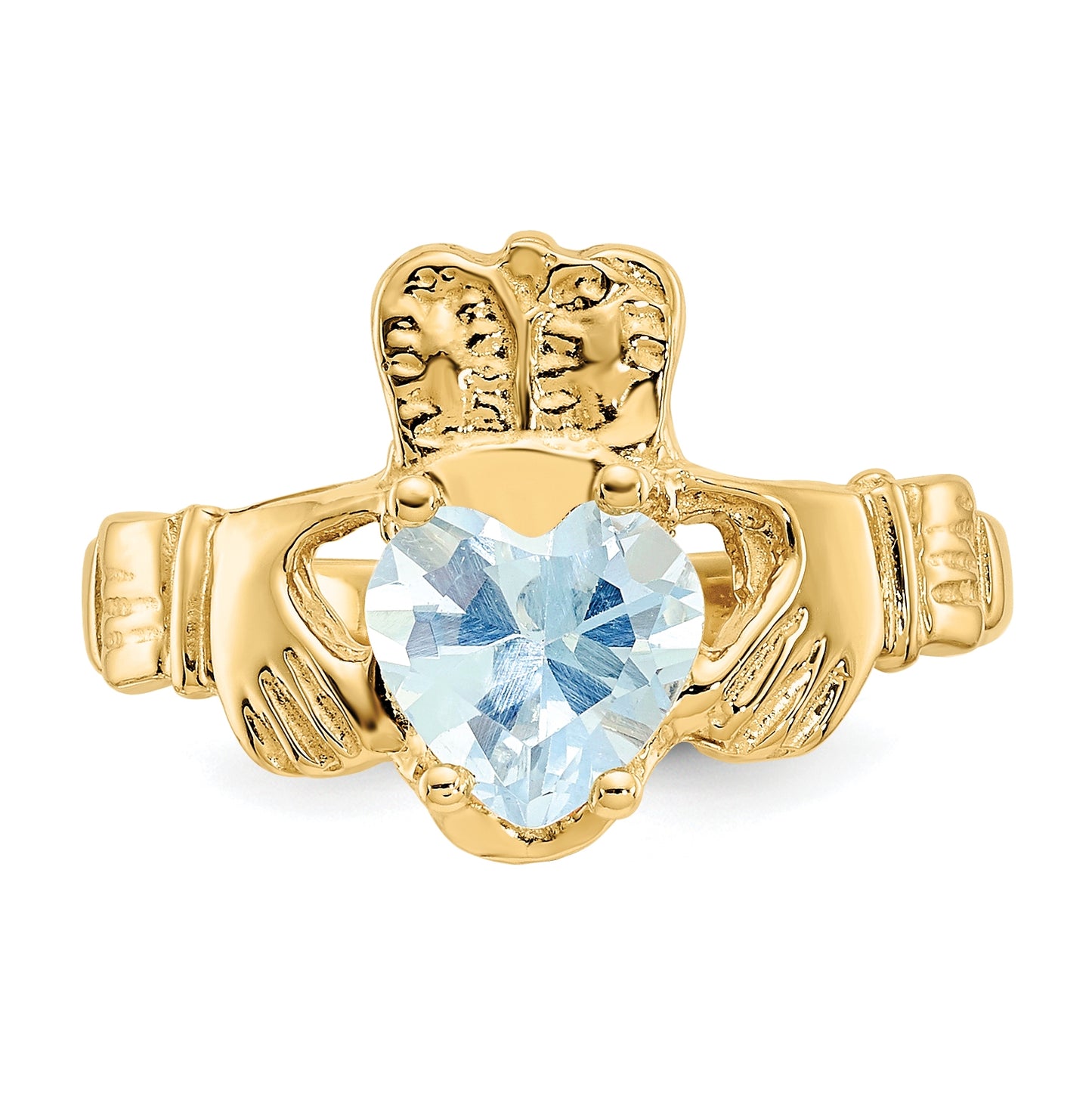 14K Yellow Gold March Cubic Zirconia Birthstone Claddagh Ring