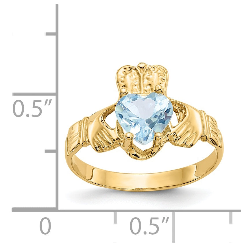 14K Yellow Gold March Cubic Zirconia Birthstone Claddagh Ring