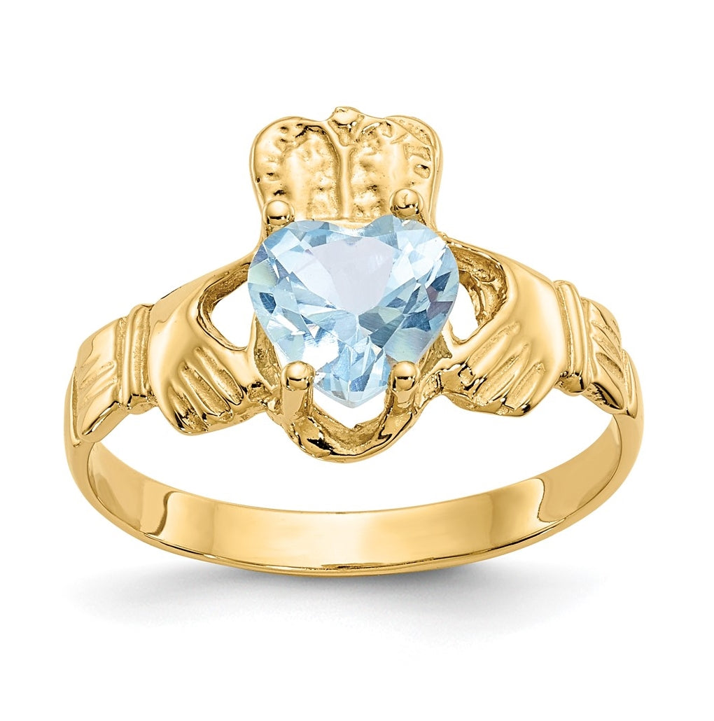 14K Yellow Gold March Cubic Zirconia Birthstone Claddagh Ring