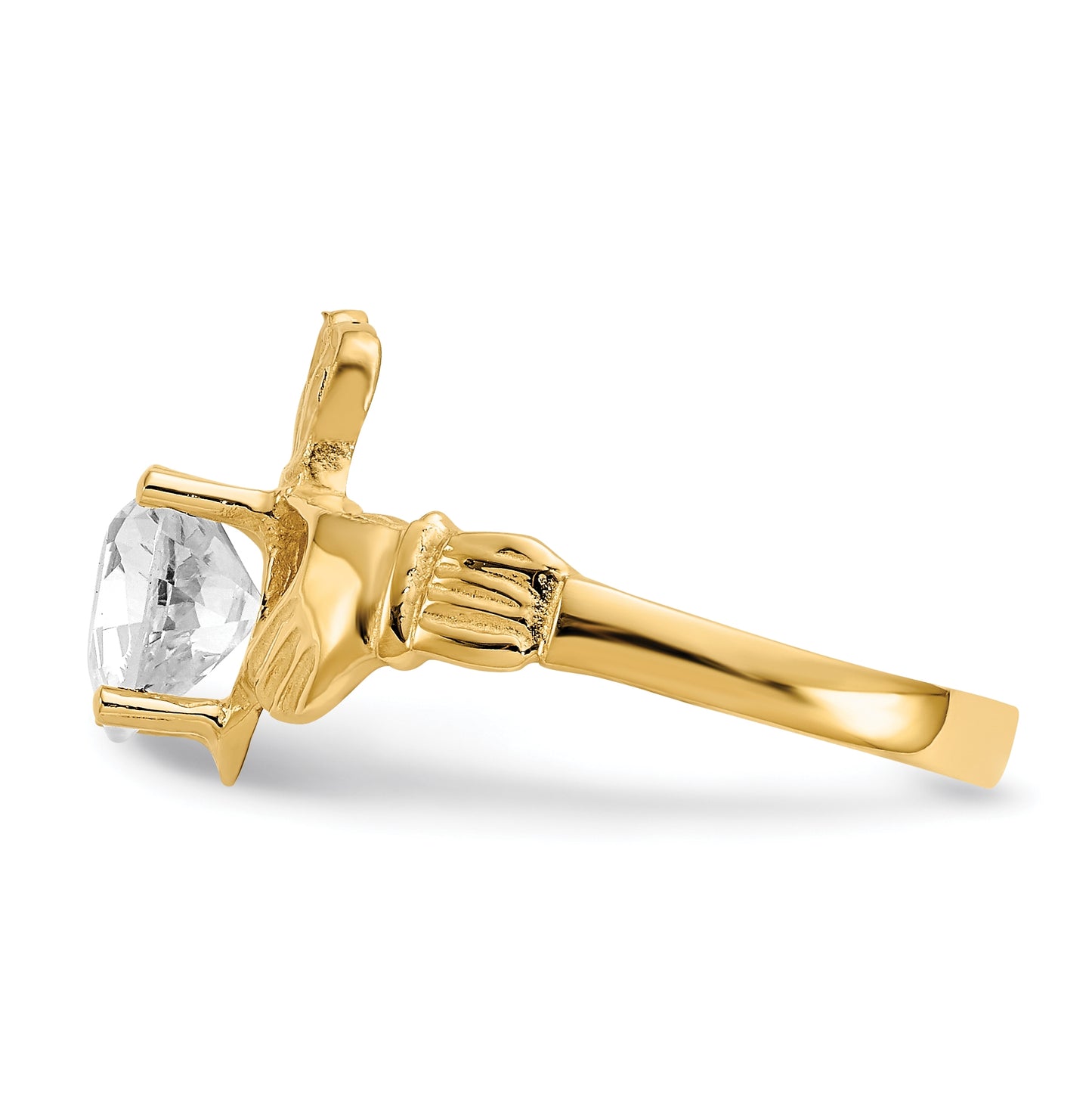 14K Yellow Gold April Cubic Zirconia Birthstone Claddagh Ring