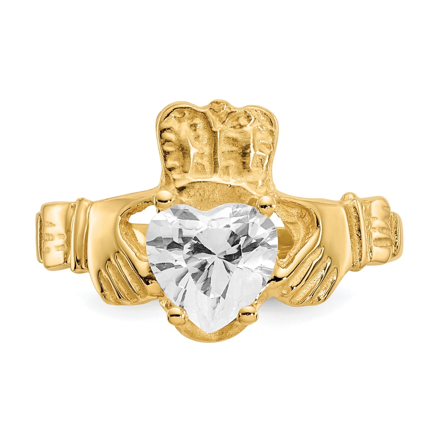 14K Yellow Gold April Cubic Zirconia Birthstone Claddagh Ring