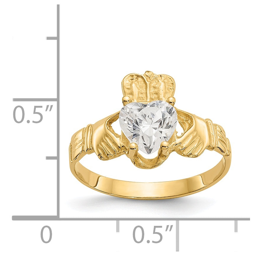 14K Yellow Gold April Cubic Zirconia Birthstone Claddagh Ring