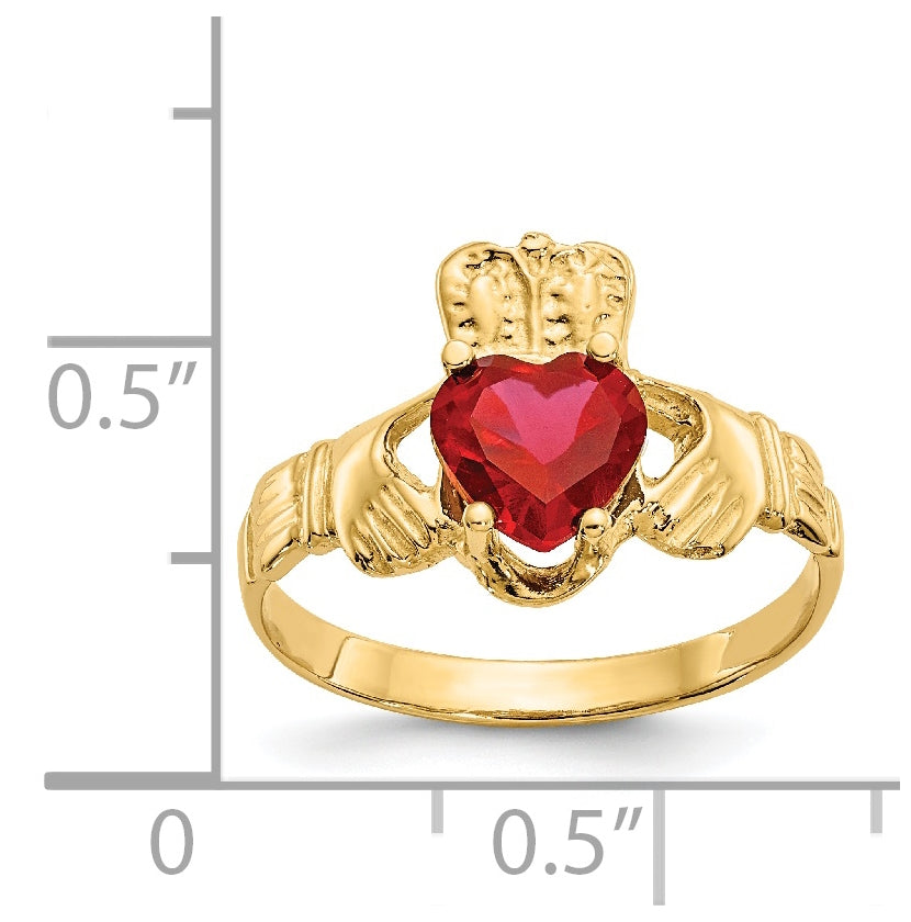 14K Yellow Gold July Cubic Zirconia Birthstone Claddagh Ring