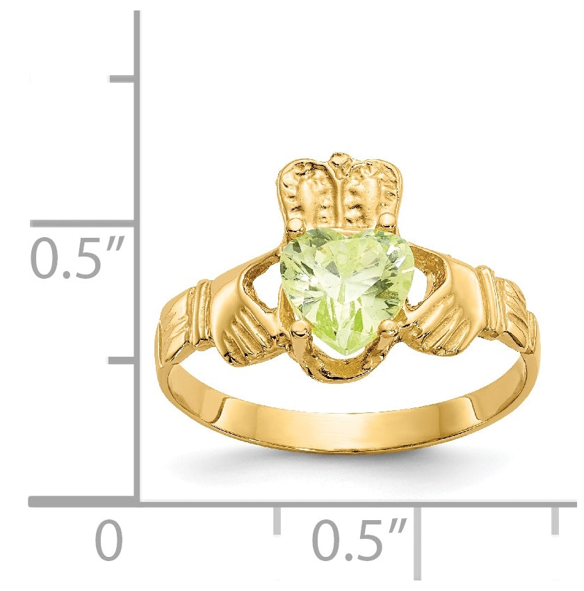 14K Yellow Gold August Cubic Zirconia Birthstone Claddagh Ring
