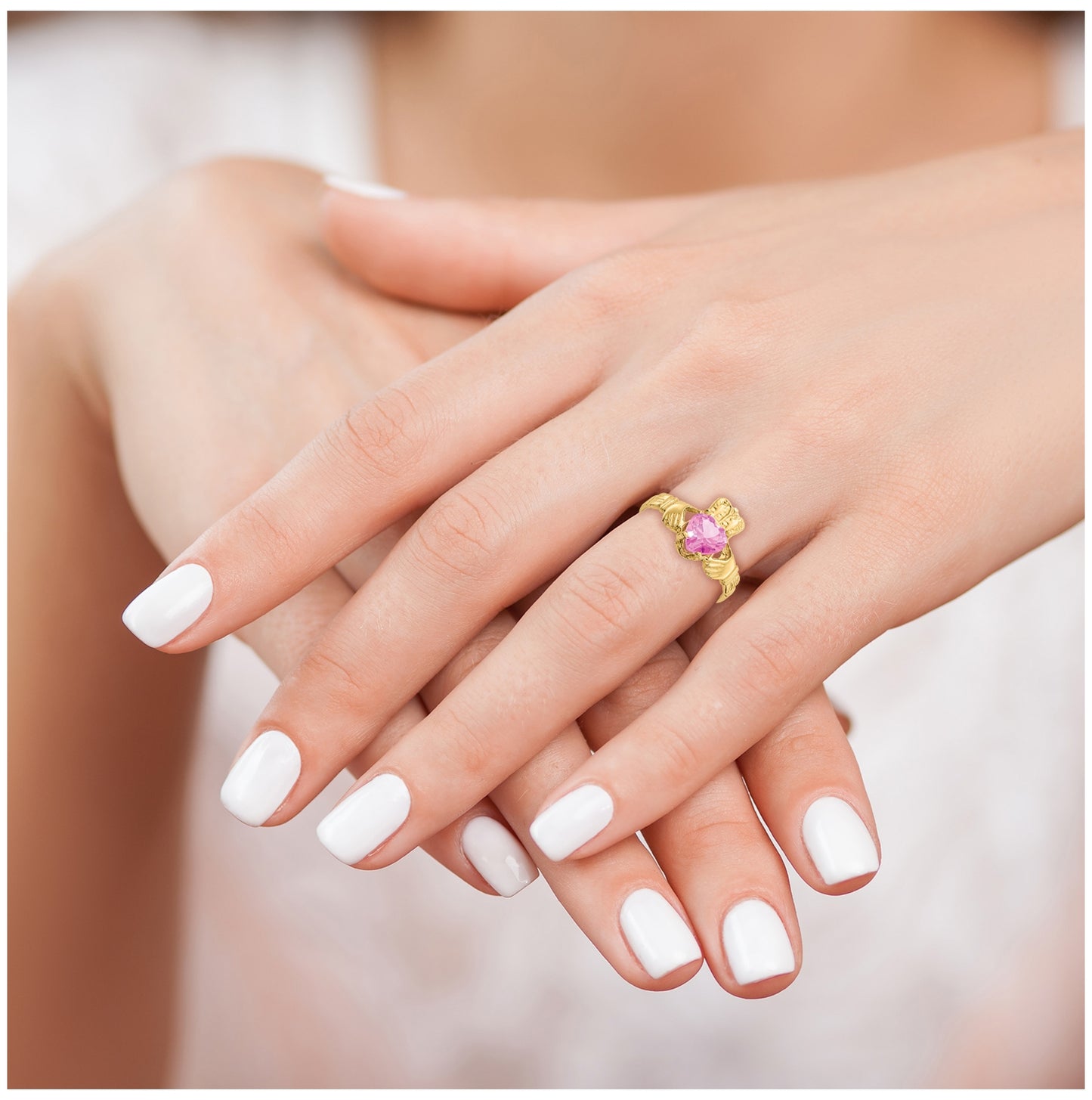 14K Yellow Gold October Cubic Zirconia Birthstone Claddagh Ring