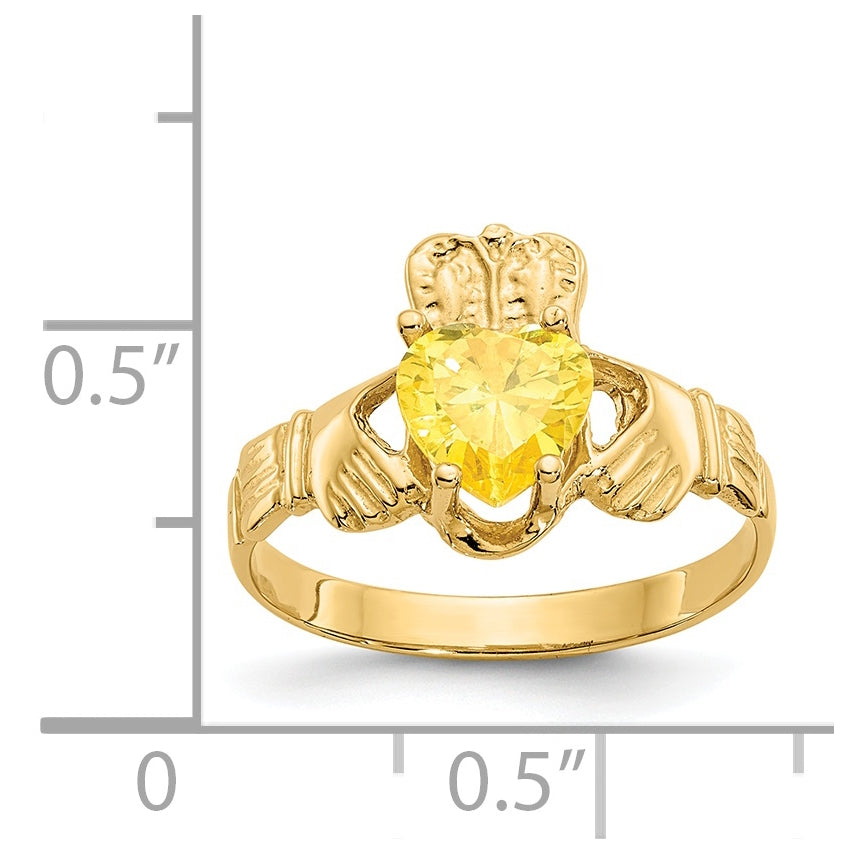 14K Yellow Gold November Cubic Zirconia Birthstone Claddagh Ring