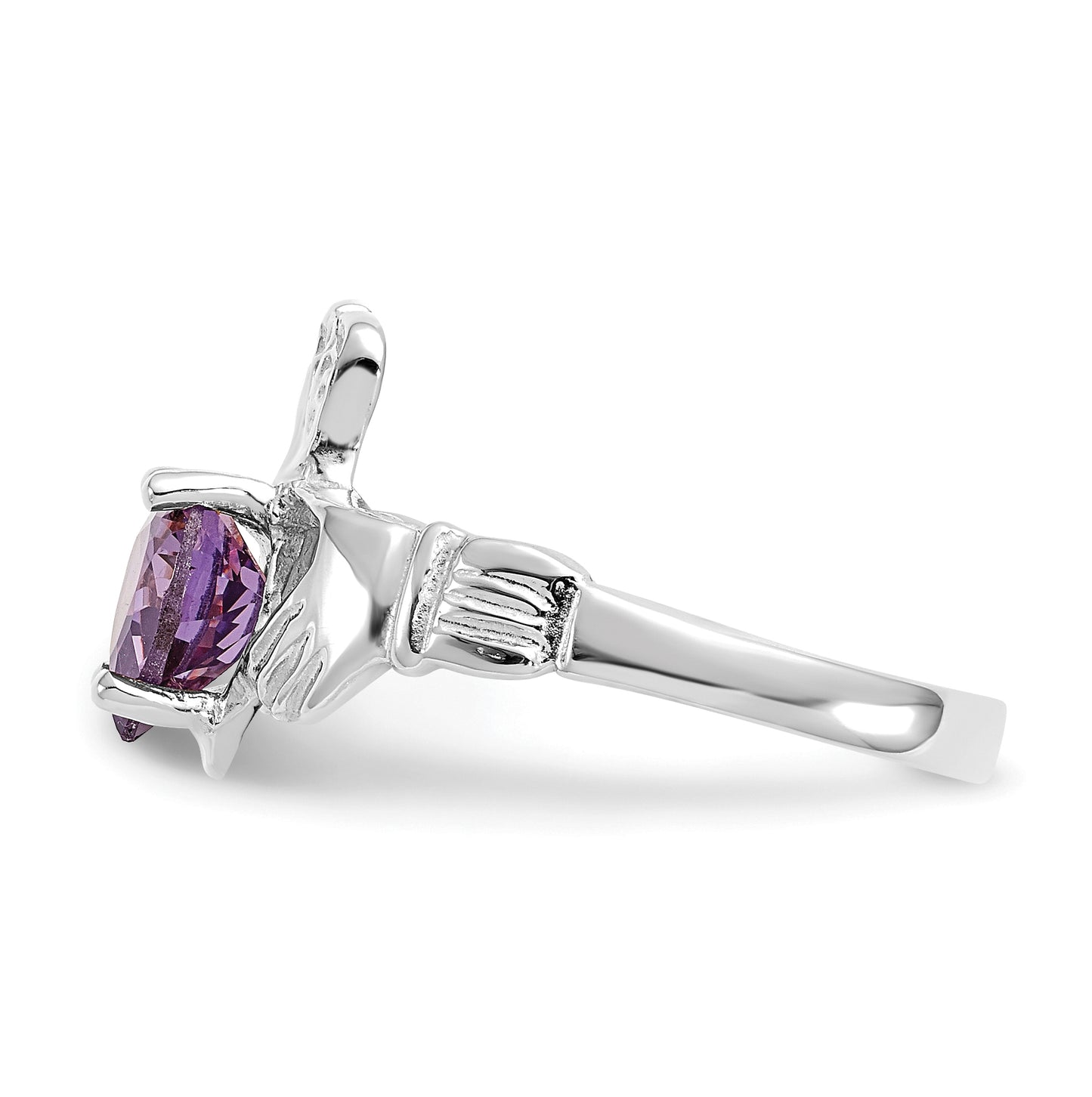 14k White Gold February Cubic Zirconia Birthstone Claddagh Ring