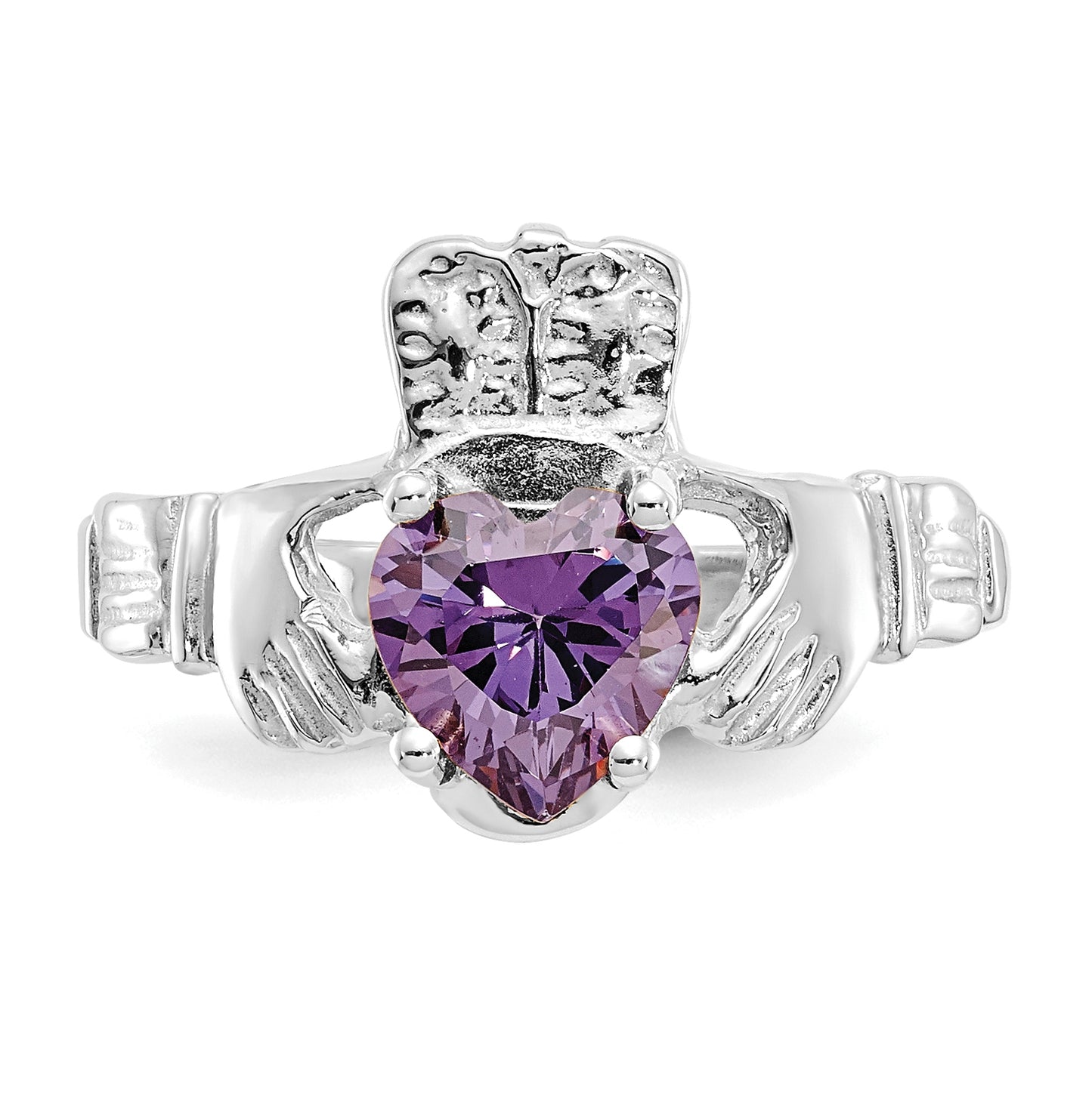 14k White Gold February Cubic Zirconia Birthstone Claddagh Ring