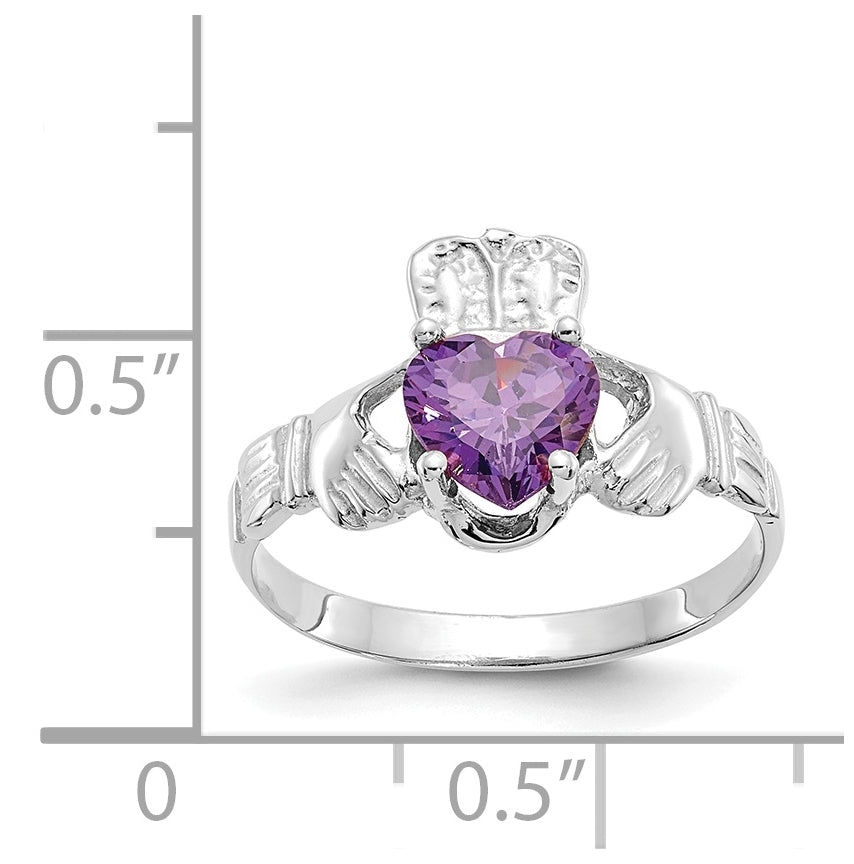 14k White Gold February Cubic Zirconia Birthstone Claddagh Ring