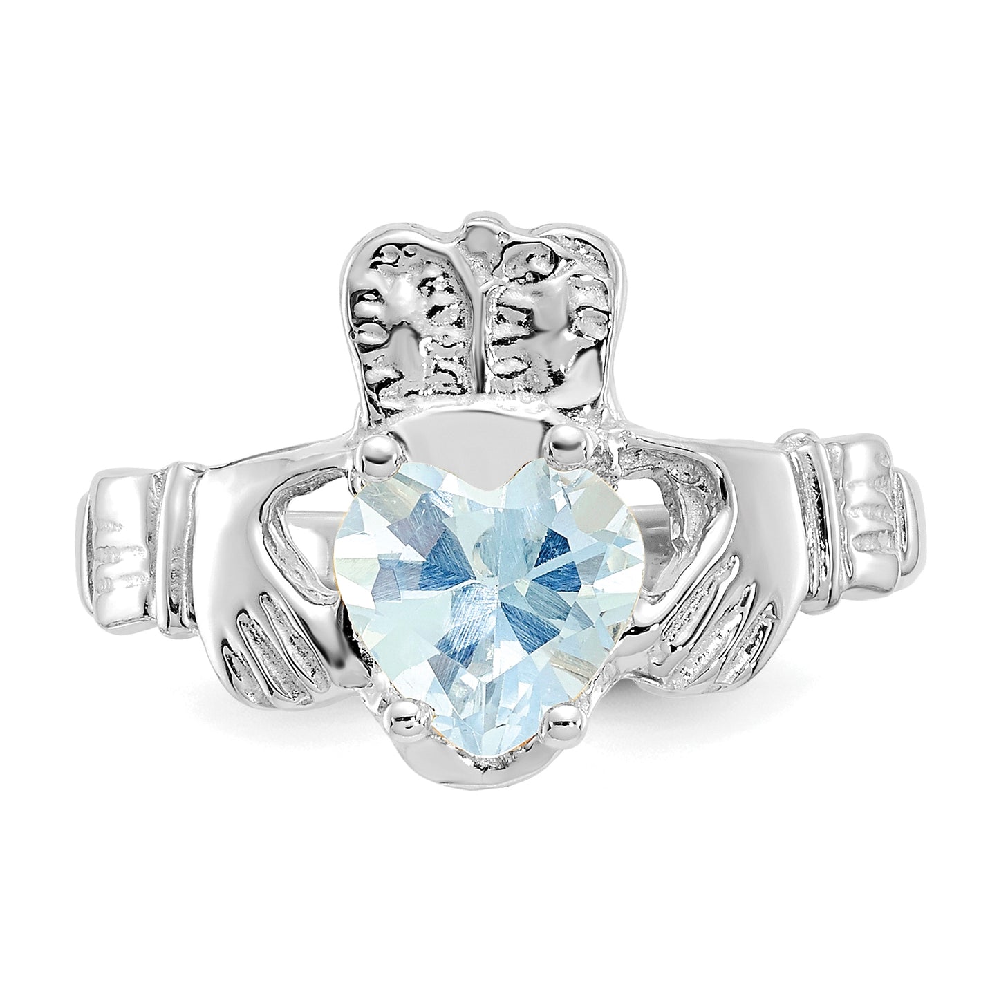 14k White Gold March Cubic Zirconia Birthstone Claddagh Ring