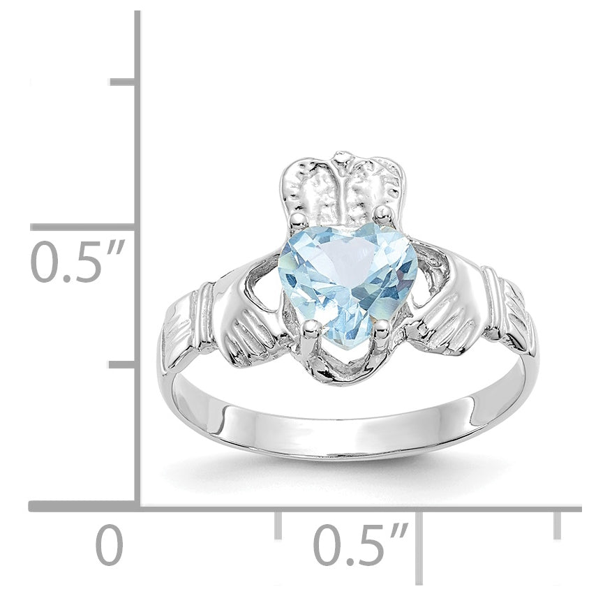 14k White Gold March Cubic Zirconia Birthstone Claddagh Ring
