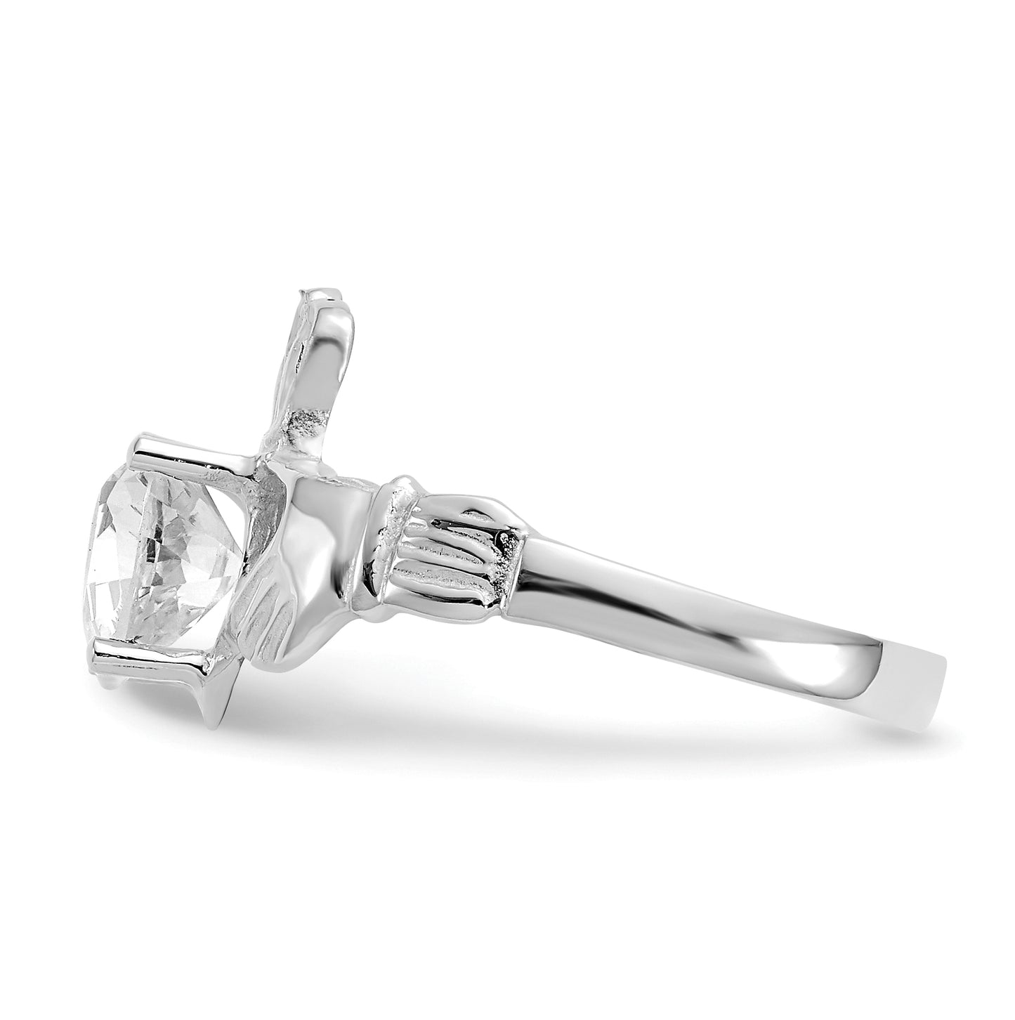 14k White Gold April Cubic Zirconia Birthstone Claddagh Ring