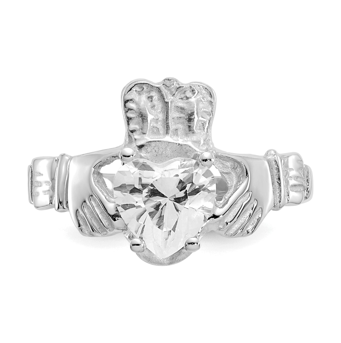 14k White Gold April Cubic Zirconia Birthstone Claddagh Ring