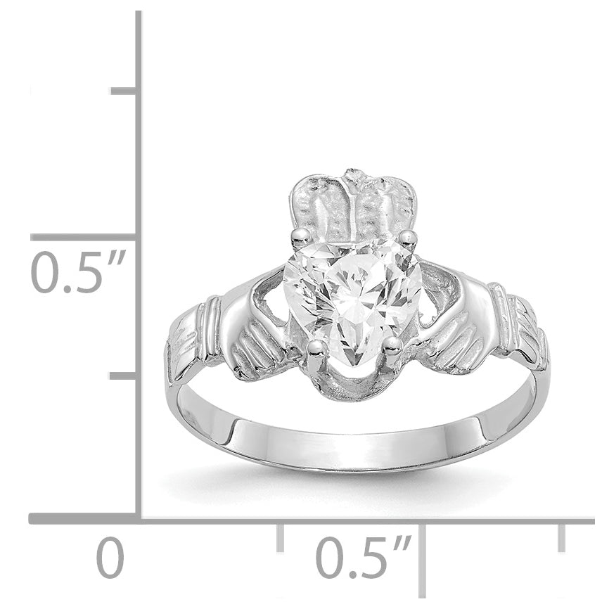 14k White Gold April Cubic Zirconia Birthstone Claddagh Ring
