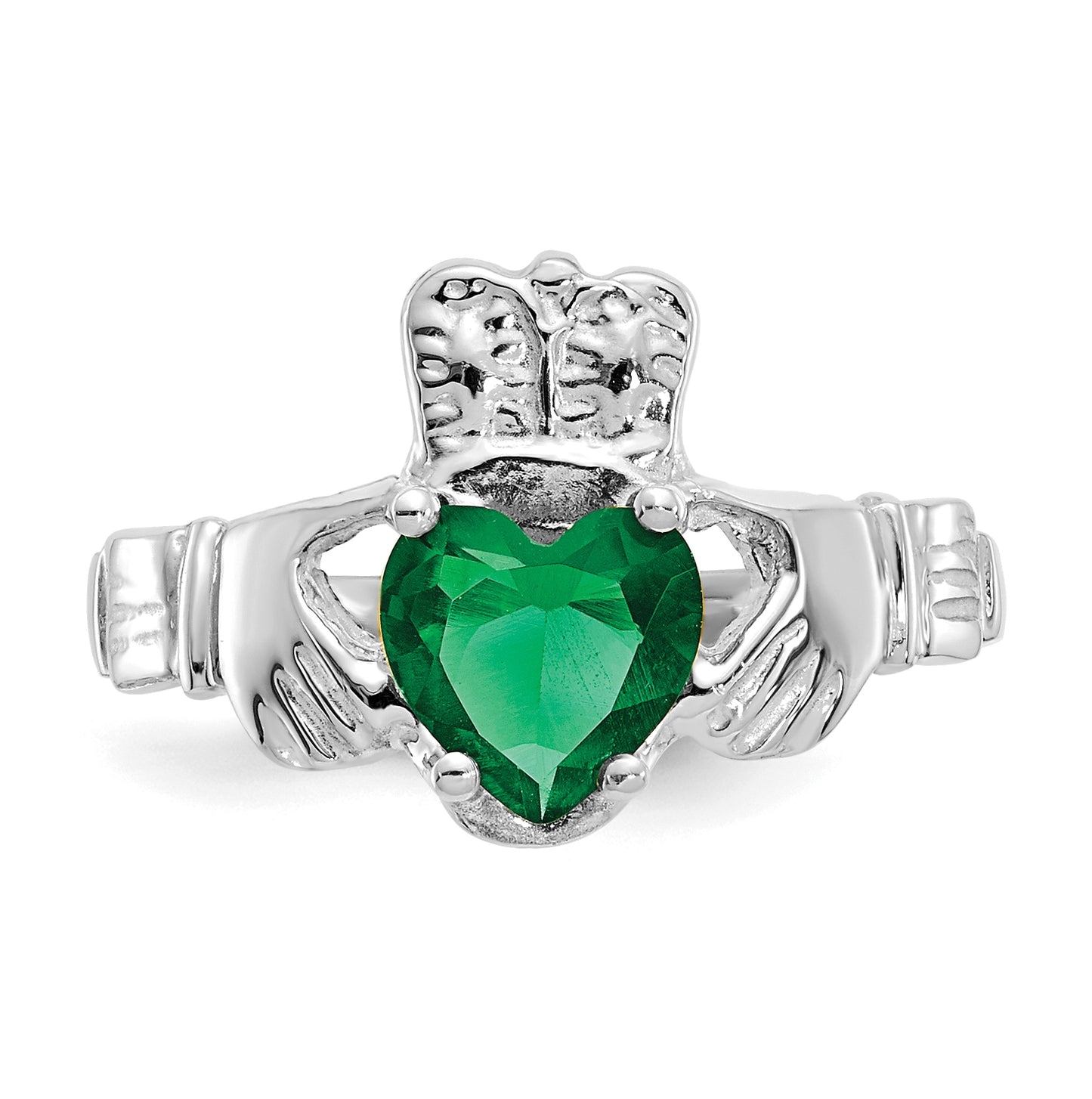 14k White Gold May Cubic Zirconia Birthstone Claddagh Ring