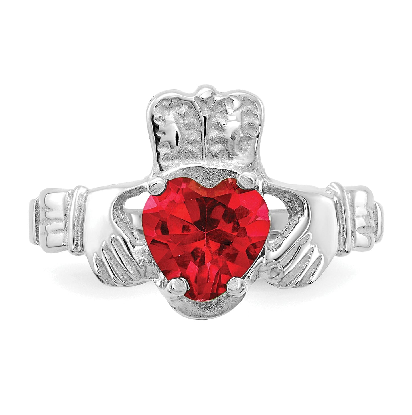 14k White Gold July Cubic Zirconia Birthstone Claddagh Ring