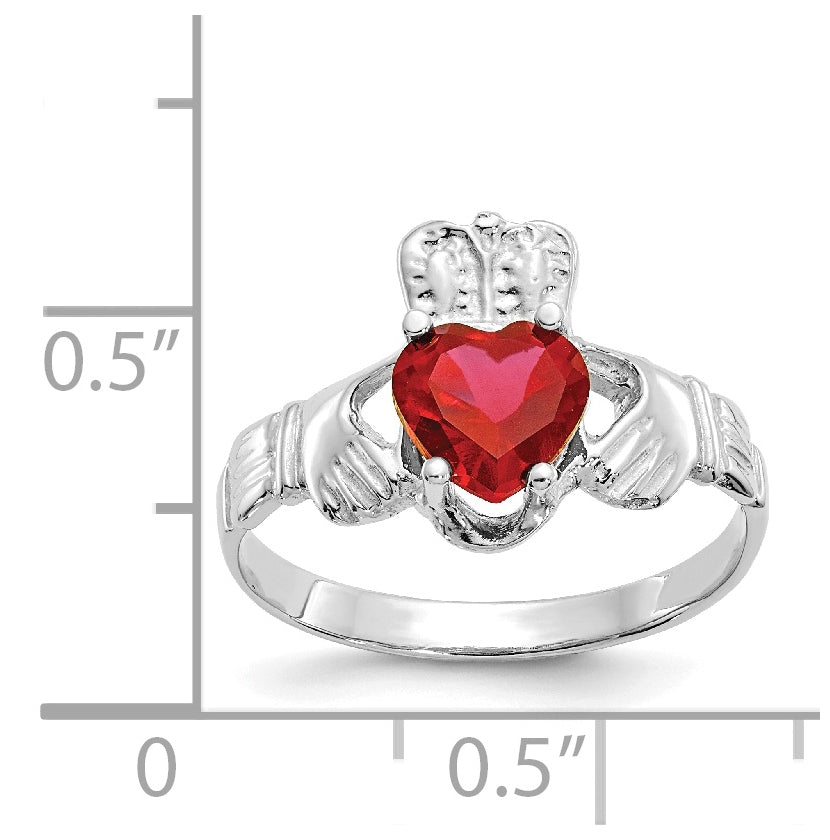14k White Gold July Cubic Zirconia Birthstone Claddagh Ring