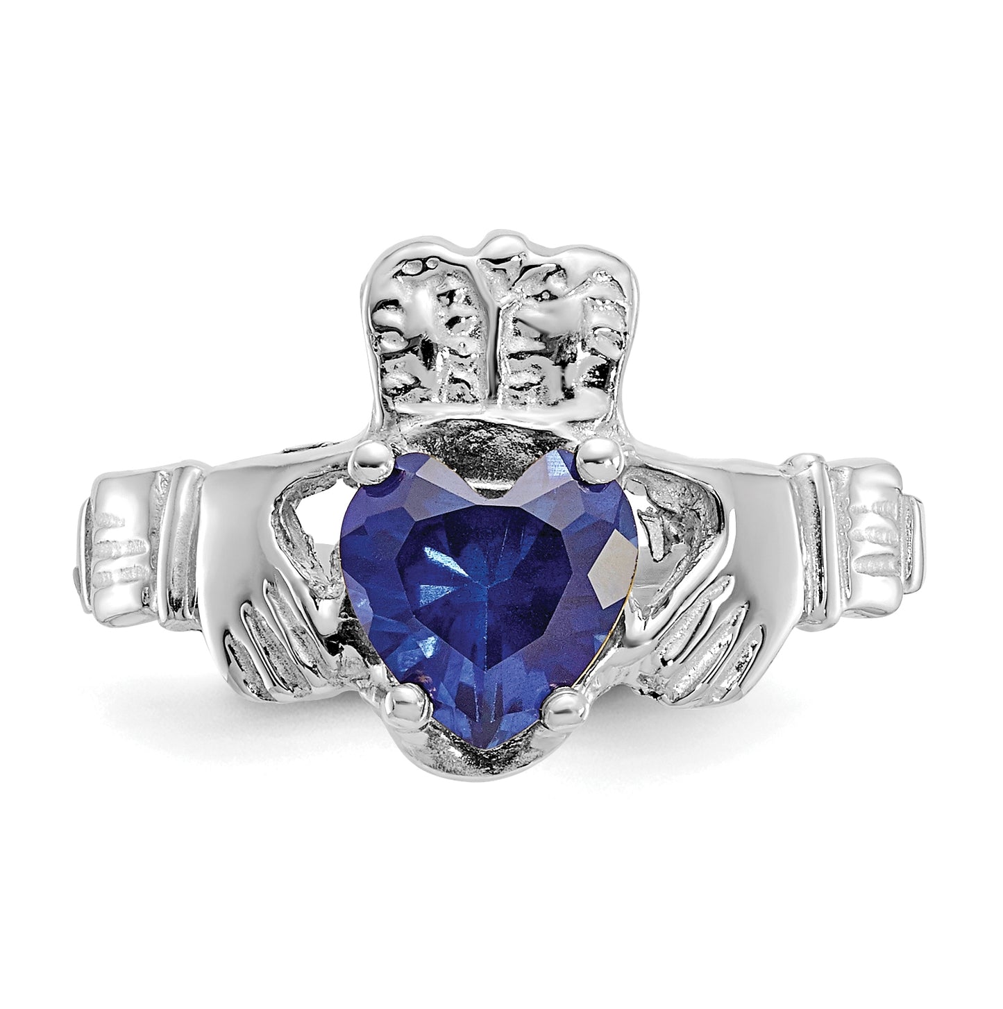 14k White Gold September Cubic Zirconia Birthstone Claddagh Ring