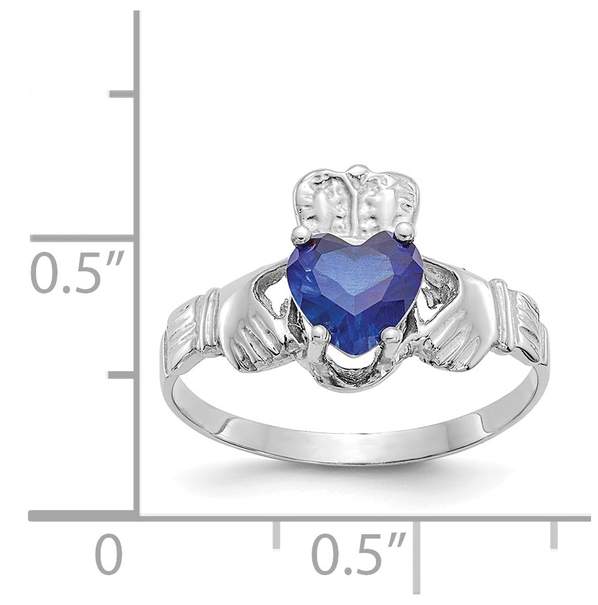 14k White Gold September Cubic Zirconia Birthstone Claddagh Ring