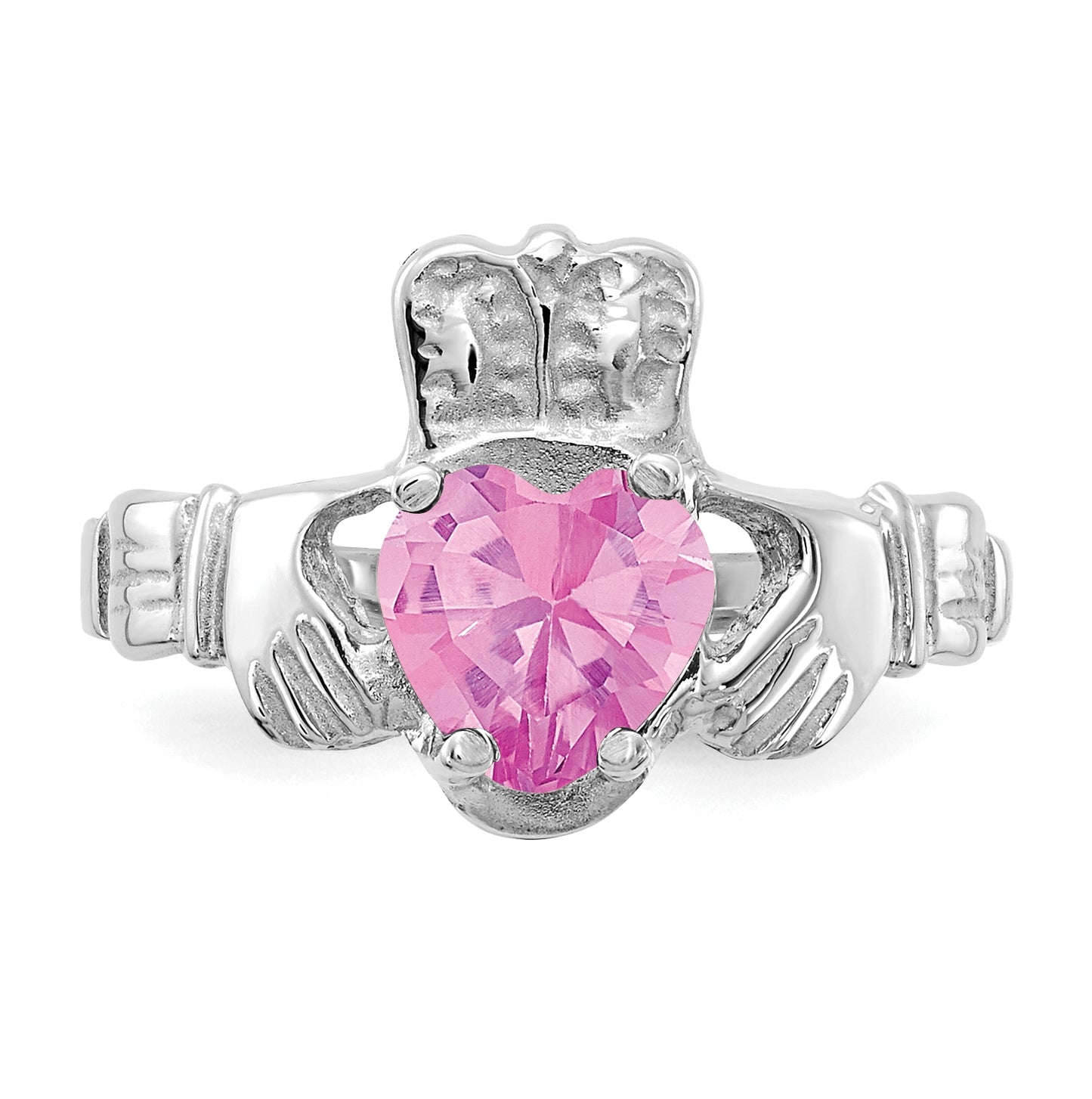 14k White Gold October Cubic Zirconia Birthstone Claddagh Ring