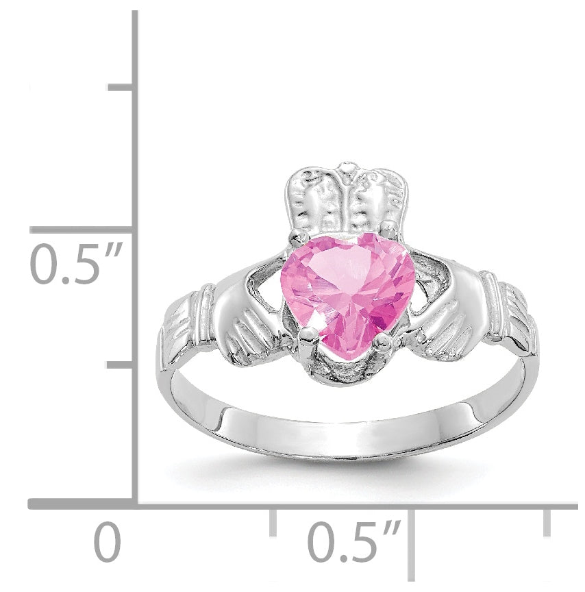 14k White Gold October Cubic Zirconia Birthstone Claddagh Ring