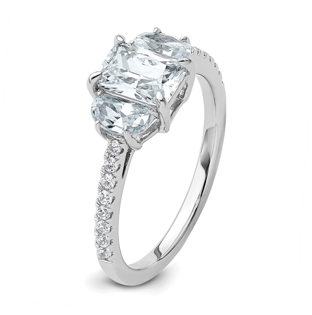 14k White Gold 1 5/8 carat Certified Lab Grown Diamond VS+ F+ Radiant with Half Moon Complete Three Stone Engagement Ring