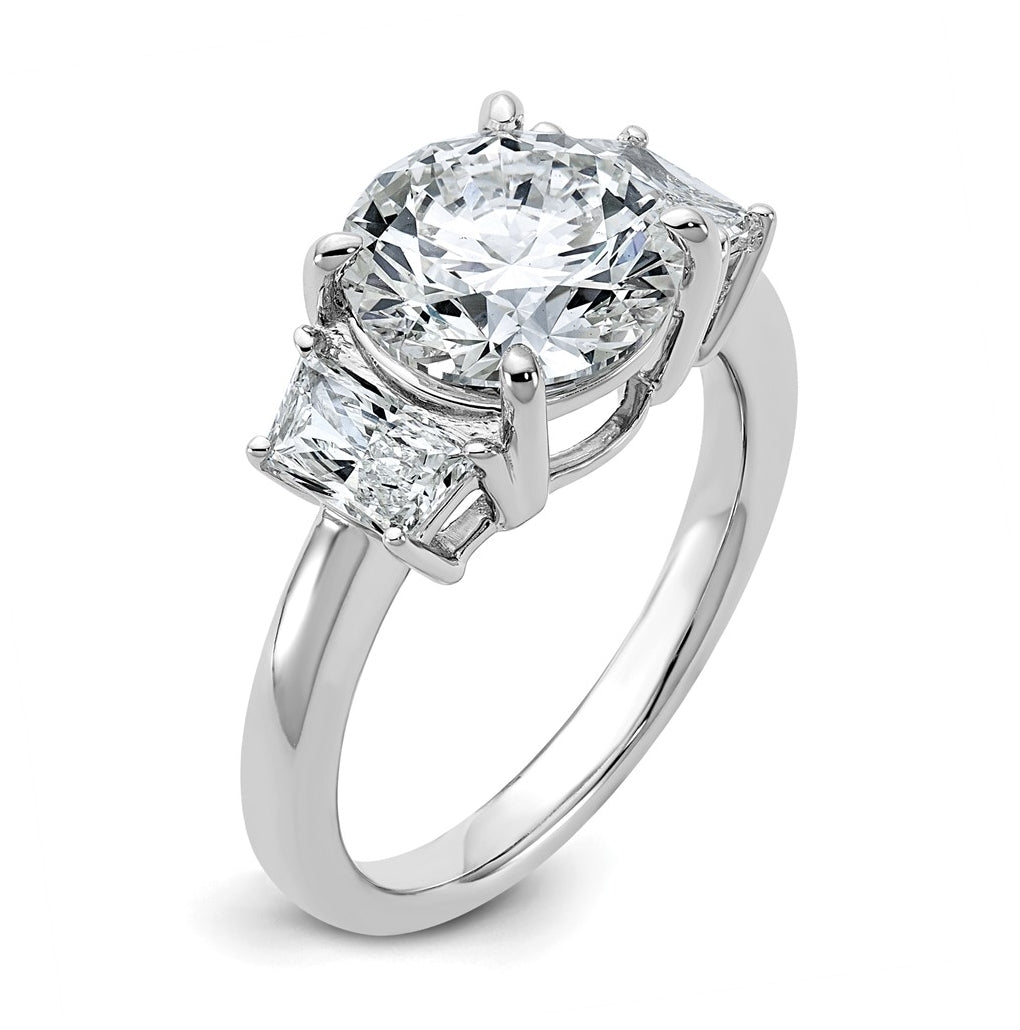14K Yellow Or White Gold Certified Lab Grown Diamond VS+ F+ Round with Trapezoid Sidestones Complete Engagement Ring