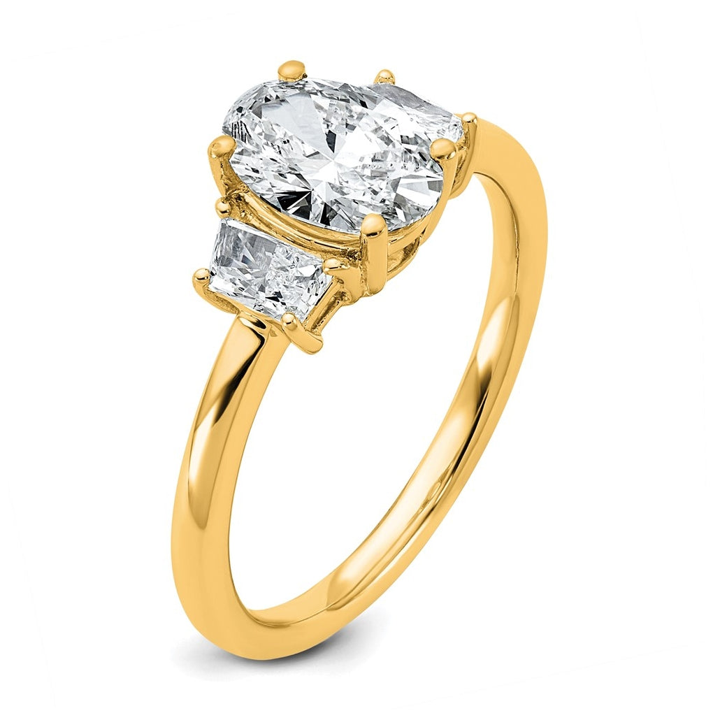14k Yellow Gold 1 3/8 carat Certified Lab Grown Diamond VS+ F+ Oval and Trapezoid Complete Three Stone Engagement Ring