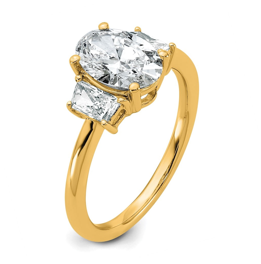 14k Yellow Gold 2 carat Certified Lab Grown Diamond VS+ F+ Oval and Trapezoid Complete Three Stone Engagement Ring