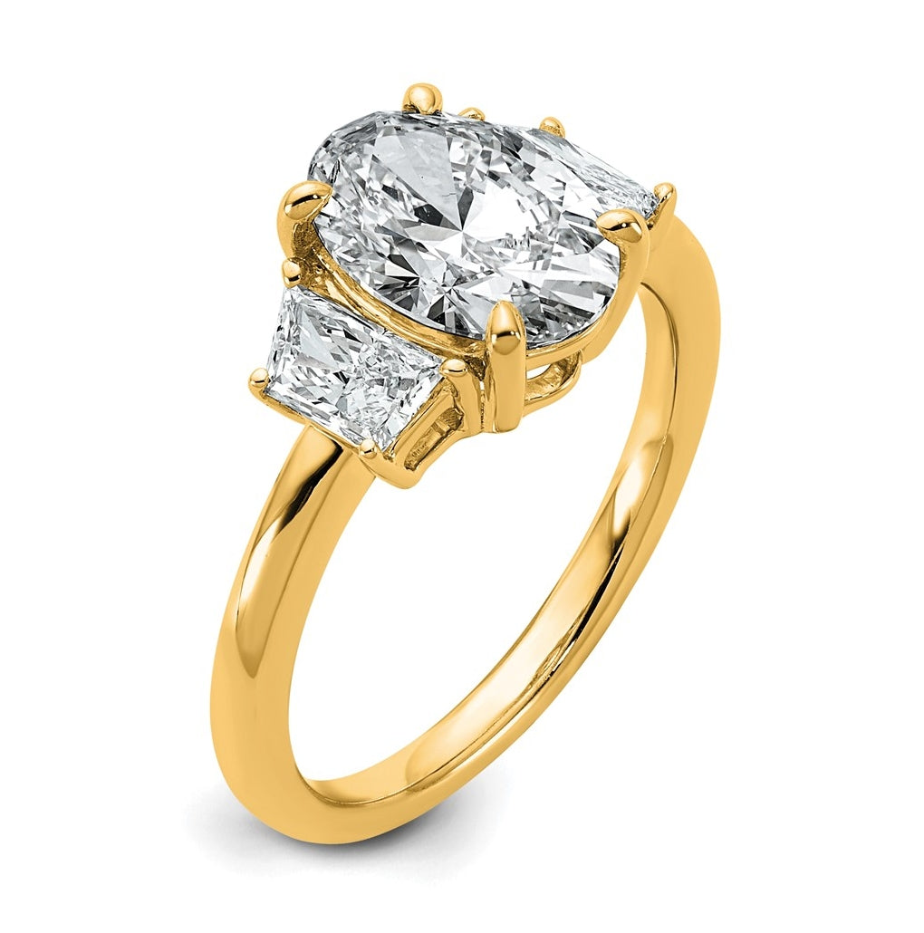 14k Yellow Gold 2 3/4 carat Certified Lab Grown Diamond VS+ F+ Oval and Trapezoid Complete Three Stone Engagement Ring