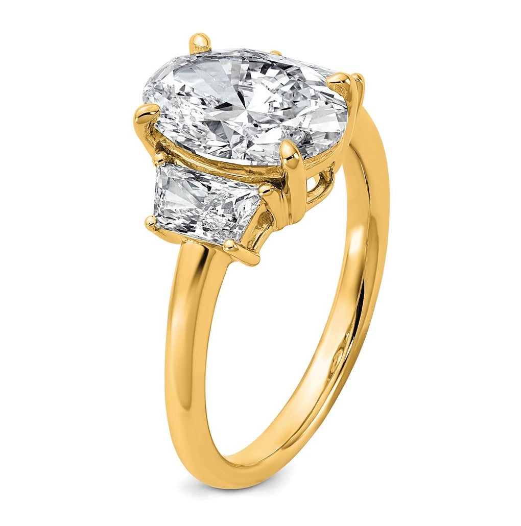 14k Yellow Gold 3 1/3 carat Certified Lab Grown Diamond VS+ F+ Oval and Trapezoid Complete Three Stone Engagement Ring