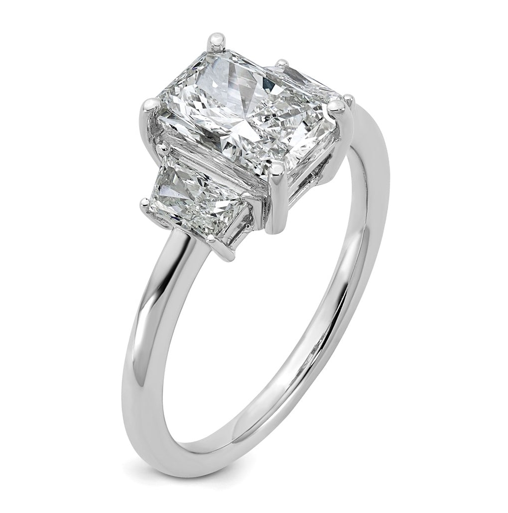 14k White Gold 2 carat Certified Lab Grown Diamond VS+ F+ Radiant and Trapezoid Complete Three Stone Engagement Ring