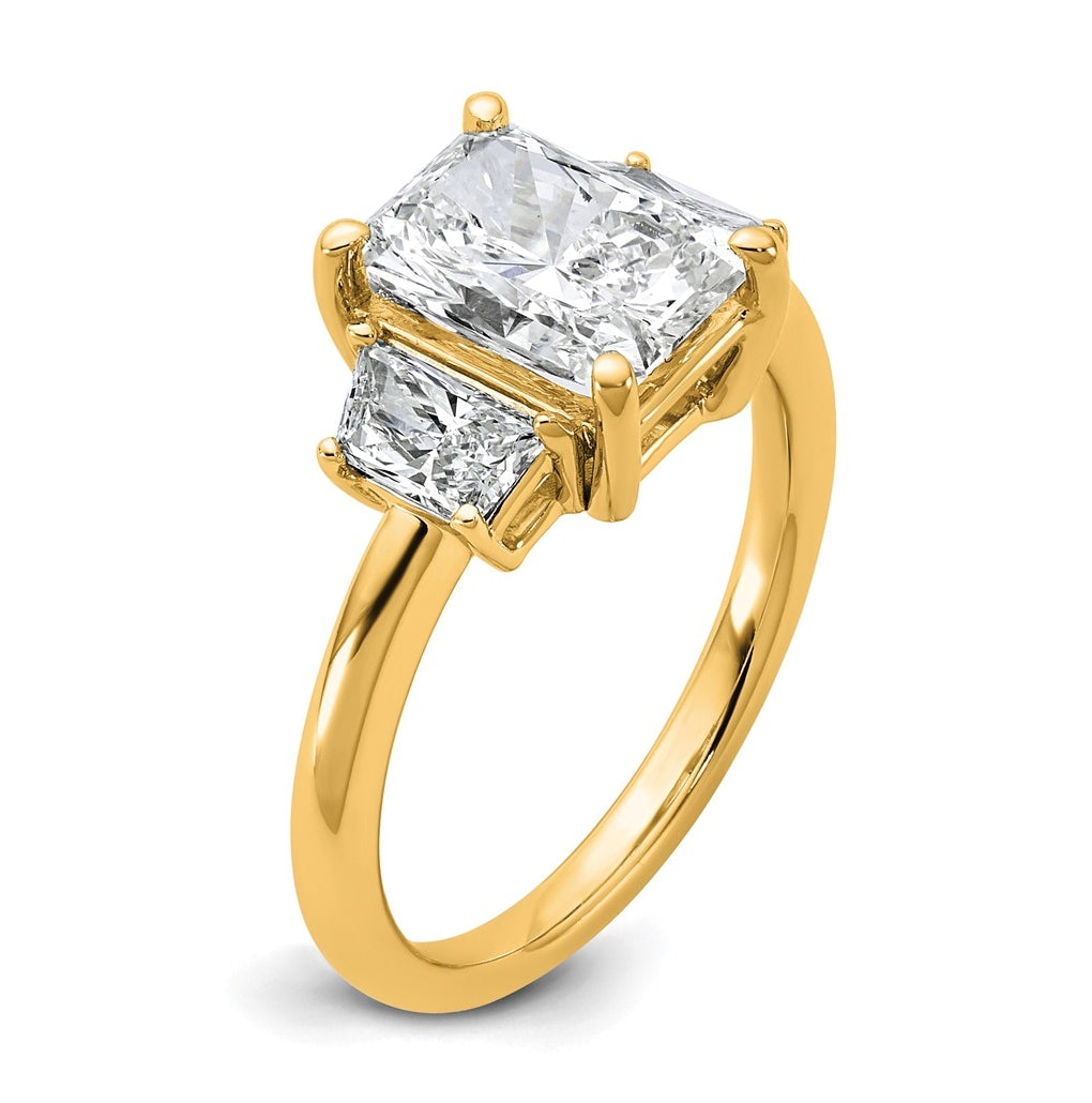 14k Yellow Gold 2 3/4 carat Certified Lab Grown Diamond VS+ F+ Radiant and Trapezoid Complete Three Stone Engagement Ring