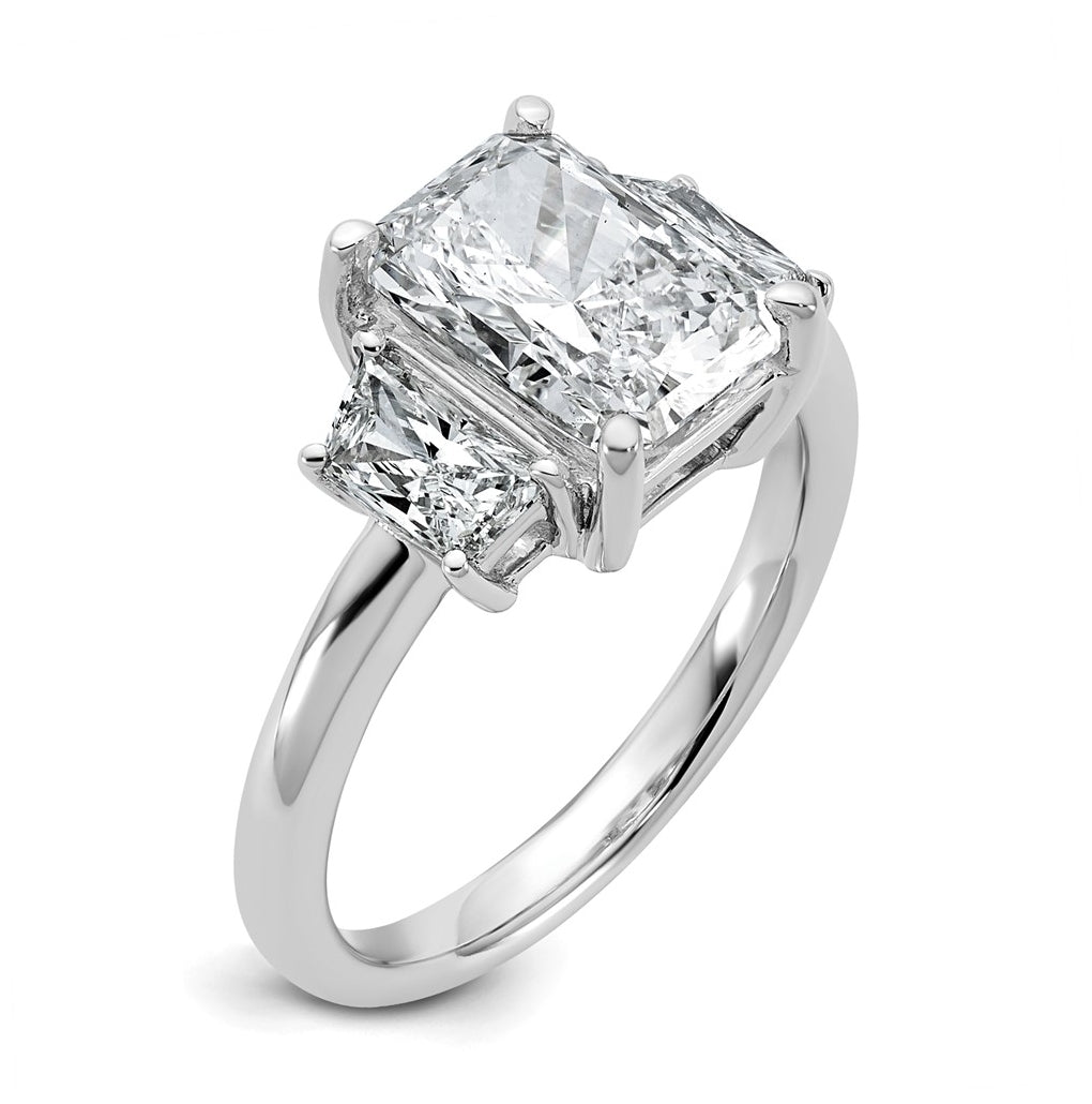 14k White Gold 3 1/3 carat Certified Lab Grown Diamond VS+ F+ Radiant and Trapezoid Complete Three Stone Engagement Ring