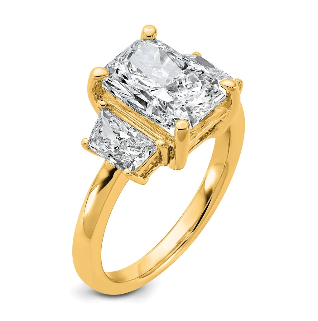 14k Yellow Gold 4 carat Certified Lab Grown Diamond VS+ F+ Radiant and Trapezoid Complete Three Stone Engagement Ring