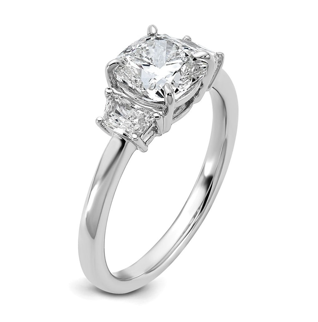 14k White Gold 1 7/8 carat Certified Lab Grown Diamond VS+ F+ Cushion and Half Moon Complete Three Stone Engagement Ring