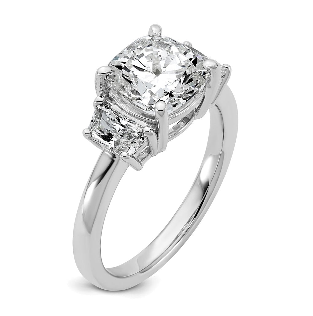 14k White Gold 3 1/8 carat Certified Lab Grown Diamond VS+ F+ Cushion and Half Moon Complete Three Stone Engagement Ring