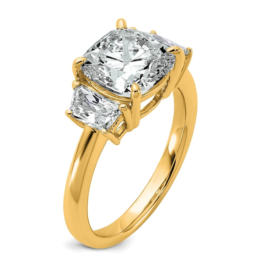14k Yellow Gold Certified Lab Grown Diamond VS+ F+ Cushion and Half Moon Complete Three Stone Engagement Ring
