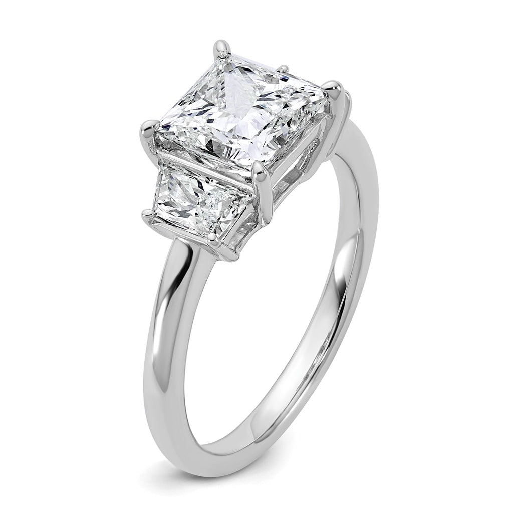 14k White Gold 2 3/4 carat Certified Lab Grown Diamond VS+ F+ Princess and Trapezoid Complete Three Stone Engagement Ring