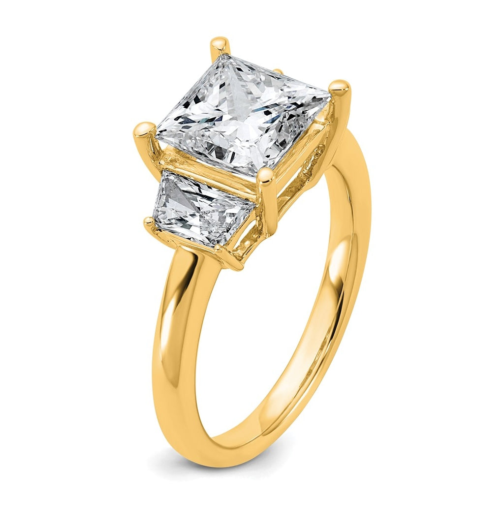 14k Yellow Gold 3 1/3 carat Certified Lab Grown Diamond VS+ F+ Princess and Trapezoid Complete Three Stone Engagement Ring