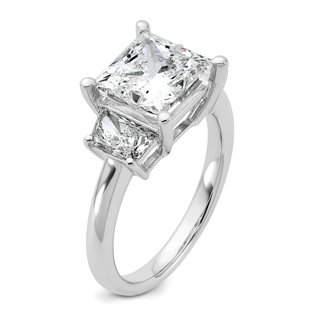 14k White Gold 4 carat Certified Lab Grown Diamond VS+ F+ Princess and Trapezoid Complete Three Stone Engagement Ring