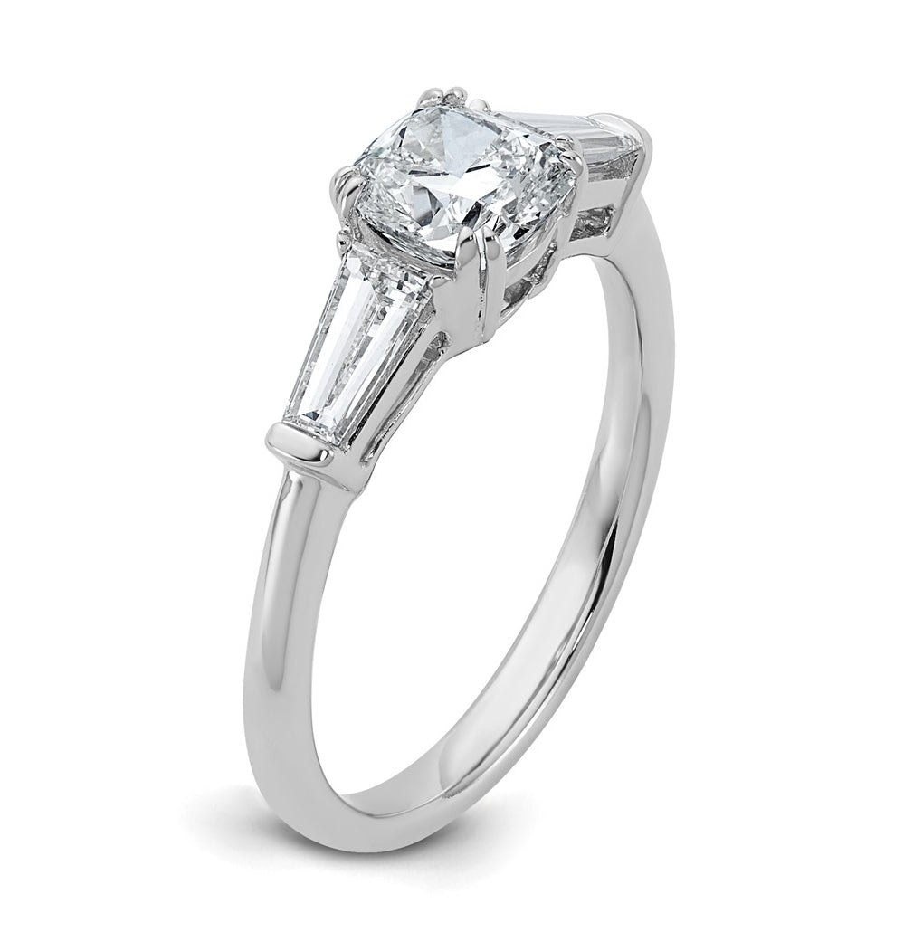 14k White Gold 1 1/2 carat Certified Lab Grown Diamond VS+ F+ Cushion and Tapered Baguette Complete Three Stone Engagement Ring