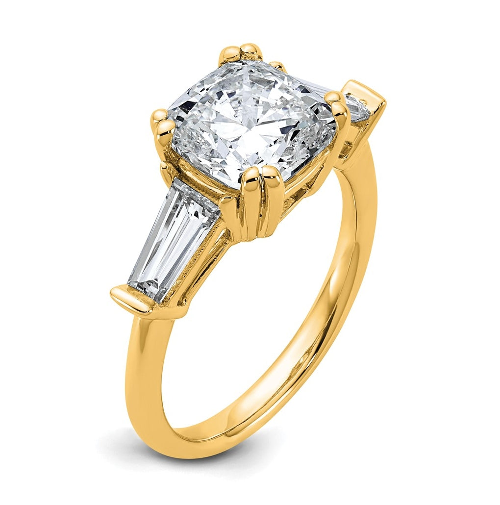 14k Yellow Gold Certified Lab Grown Diamond VS+ F+ Cushion and Tapered Baguette Complete Three Stone Engagement Ring