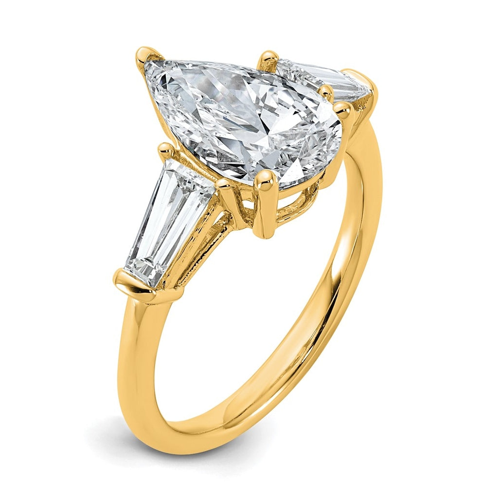 14k Yellow Gold 3 1/3 carat Certified Lab Grown Diamond VS+ F+ Pear and Tapered Baguette Complete Engagement Ring