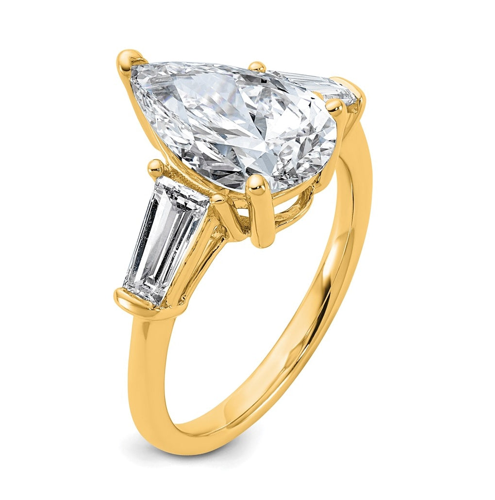 14k Yellow Gold 3 3/4 carat Certified Lab Grown Diamond VS+ F+ Pear and Tapered Baguette Complete Engagement Ring