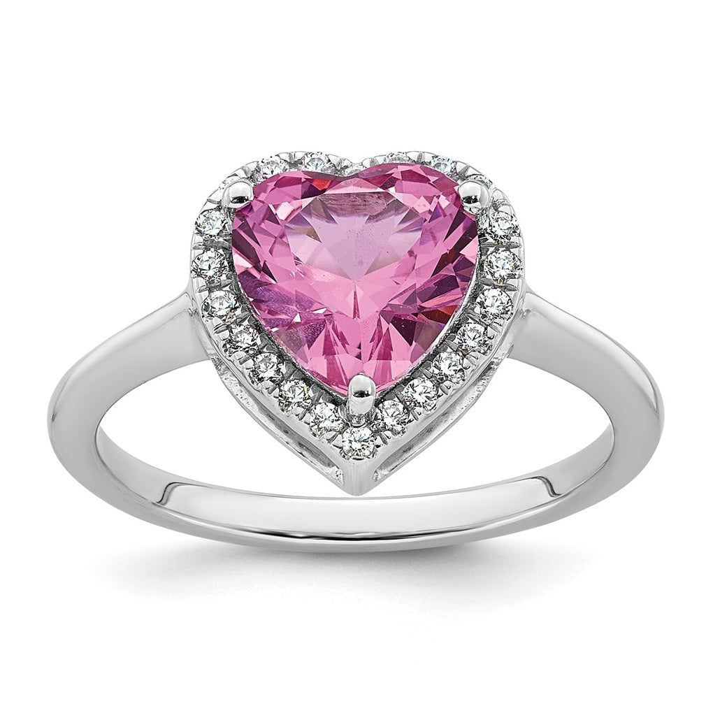 14k White Gold 1/6 carat Lab Grown Diamond VS+ F+ and Natural Pink Sapphire Complete Heart Ring
