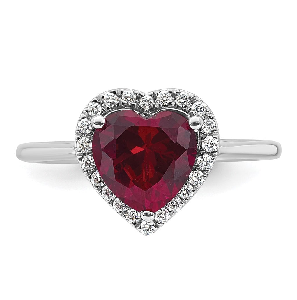 14k White Gold 1/6 carat Lab Grown Diamond VS+ F+ and Natural Ruby Complete Heart Ring