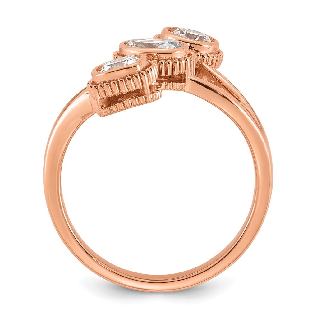 14k Rose Gold 1 carat Lab Grown Diamond VS+ F+ Complete Three Stone Bezel Set Fashion Ring