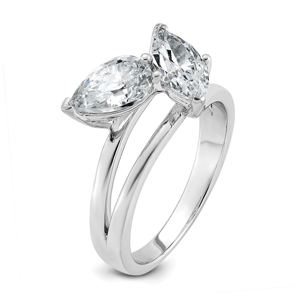 14k White Gold 2 carat Lab Grown Diamond VS+ F+ Marquise and Pear Complete Asymmetrical Two Stone Engagement Ring